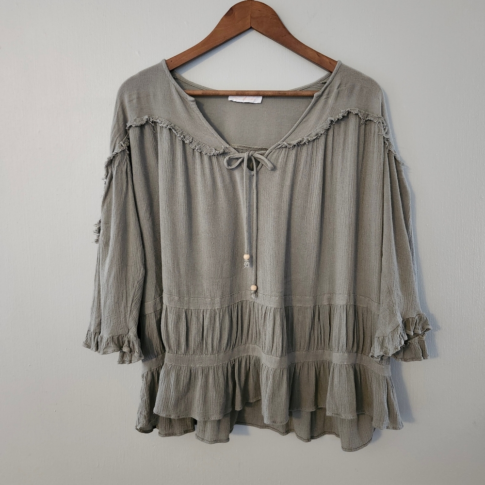 Ces Femme | Boho Flowy Loose Sleeves Ruffled Top - Picture 2 of 6